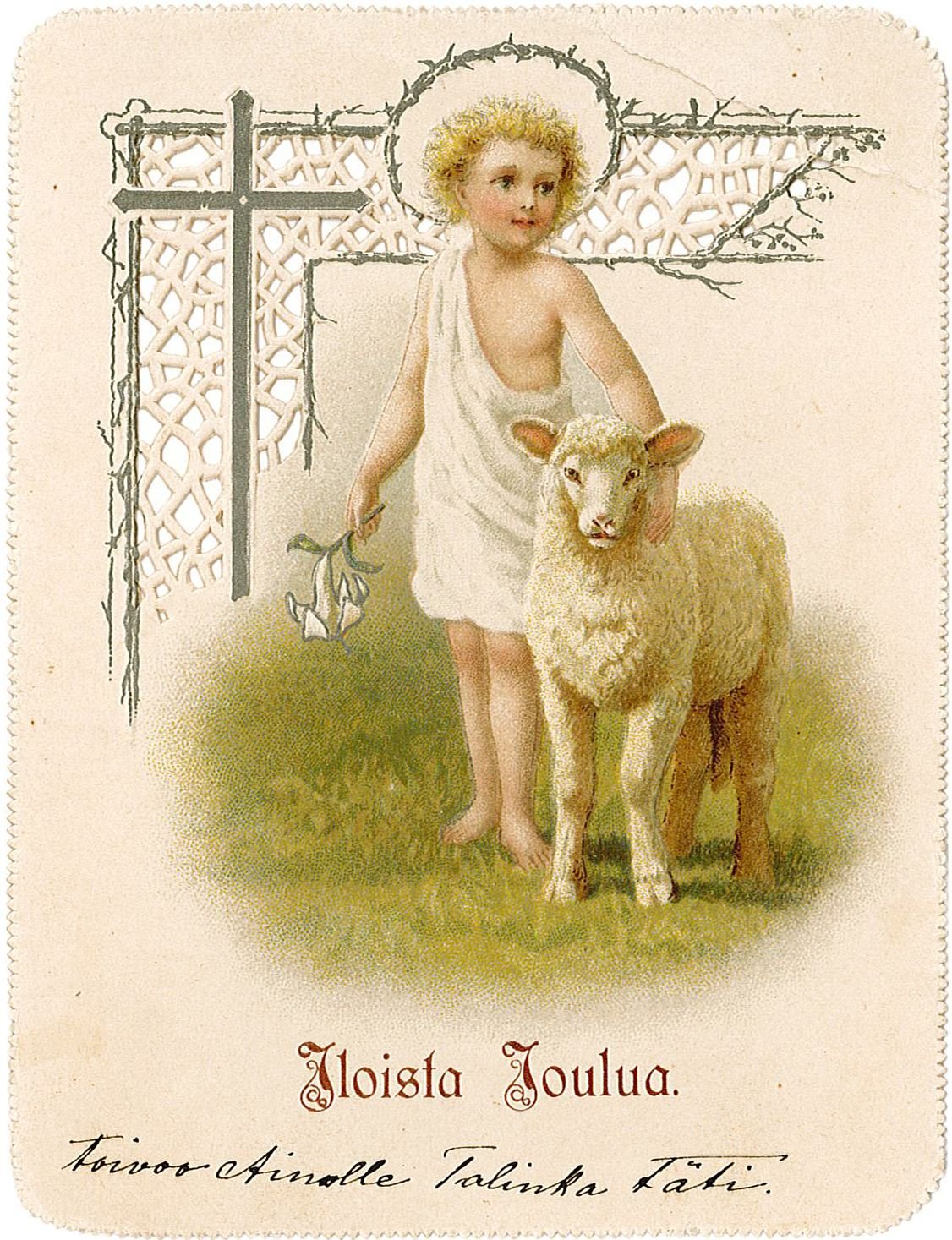 Jeesus-lapsi ja lammas. Joulukortti vuodelta 1896. Kuva: KAMU Espoon kaupunginmuseo.