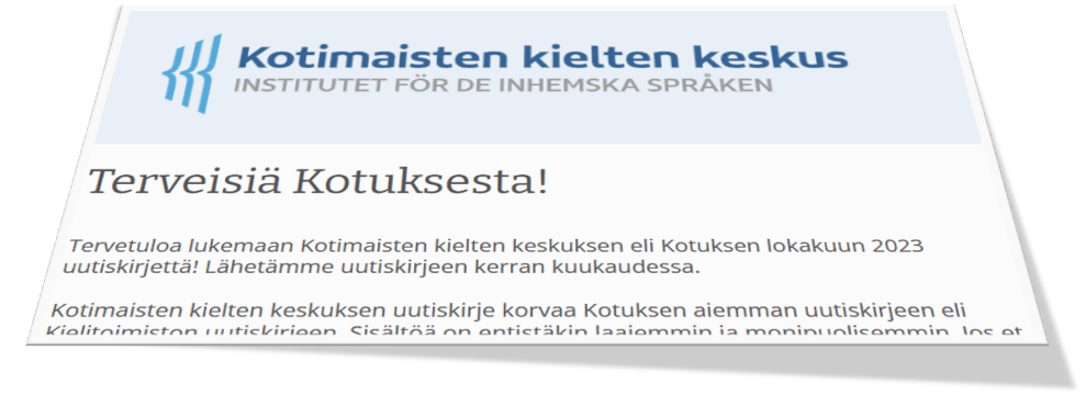 Kotimaisten kielten keskuksen uutiskirje lokakuussa 2023. Kuvakaappaus. Cardu Mailer.