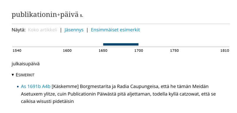 Publikationinpäivä. Kuvakaappaus Vanhan kirjasuomen sanakirjasta.