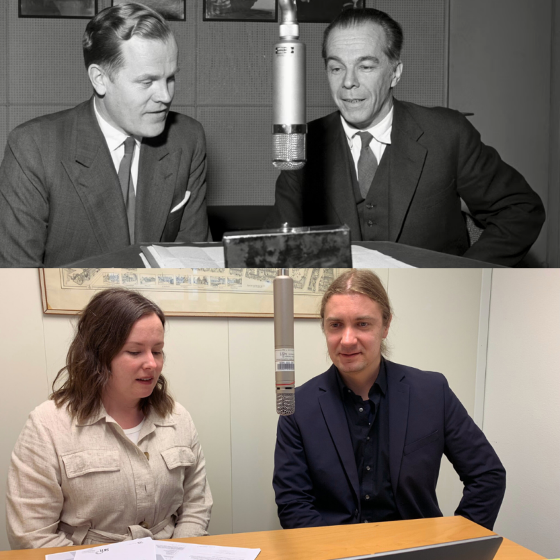 Yllä: Eero Saarenheimo ja Matti Sadeniemi. Kuva: Ruth Träskman, 1959. Yleisradio. Alla: Henna Leskelä ja Henri Satokangas. Kuva: Olli Tamminen, 2024. Kotimaisten kielten keskus.