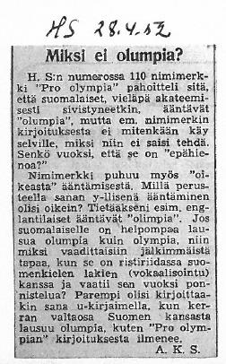 Miksi ei olumpia. Helsingin Sanomat 28.4.1932.