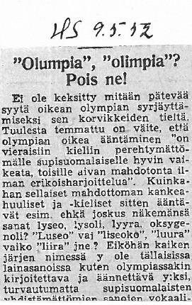 Olimpia. Helsingin Sanomat 9.5.1952.