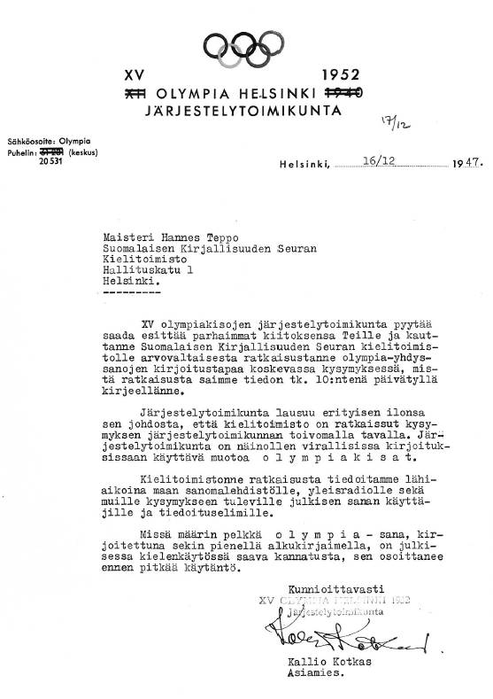 Olympiakisojen järjestelytoimikunnan kirje 16.12.1947.