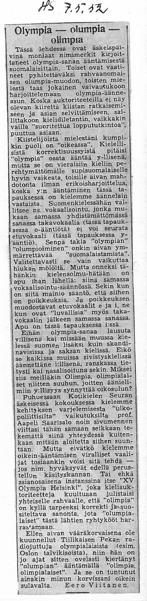 Olympia – olumpia– olimpia. Helsingin Sanomat 9.5.1952.