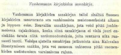 Ote E. N. Setälän sanakirjaohjelmasta, jonka hän esitti Suomalaisen Kirjallisuuden Seuran kokouksessa 1896.