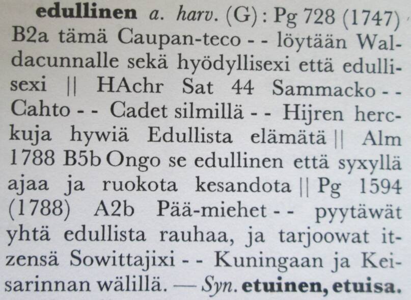 Vanhan kirjasuomen sanakirjan edullinen-koeartikkeli Virittäjässä vuonna 1965.