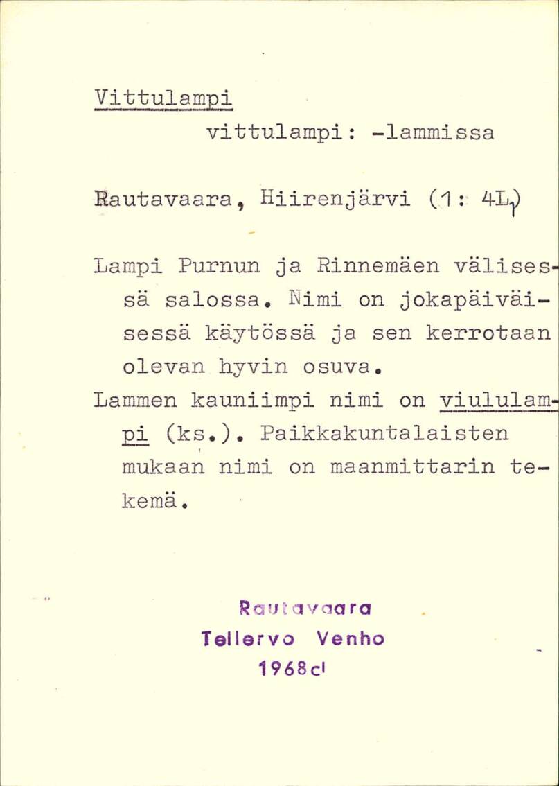 Vittulampi-nimilippu. Nimiarkisto.