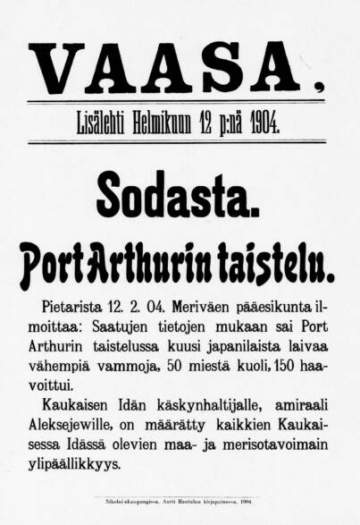 Port Arthurin taistelusta uutisoitiin Vaasa-lehdessä 11.2.1904. Kuva: Kansalliskirjasto.