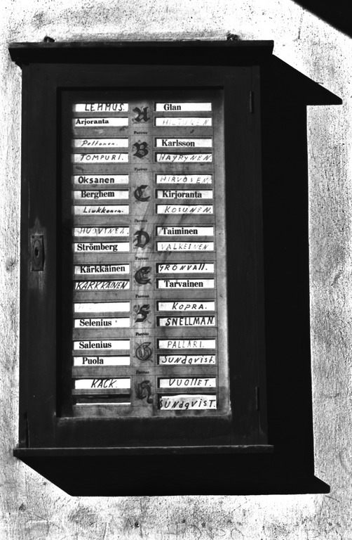 Nimitaulu Malminkatu 28:n ulkoseinällä 1970-luvulla. Kuva: Simo Rista. Helsingin kaupunginmuseo. CC BY 4.0.