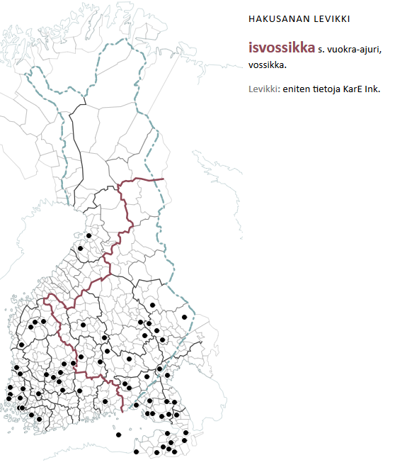 Isvossikka-sanan levikkikartta. Kuvakaappaus Suomen murteiden sanakirjasta. Kuva: Kotimaisten kielten keskus.