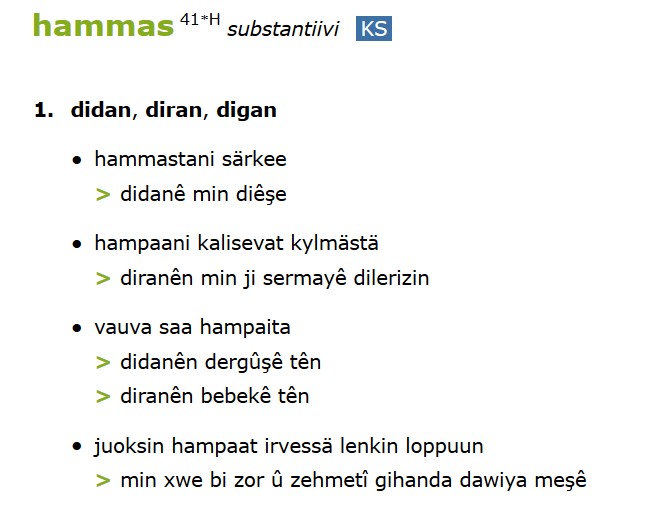 Hammas-artikkeli Suomi–kurmandži-sanakirjassa.