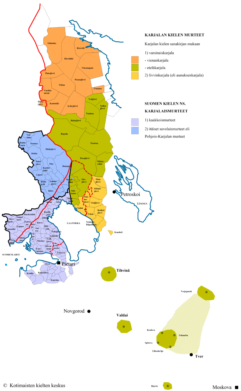 Karjalan kielen murteet ja suomen ns. karjalaismurteet Karjalan kielen sanakirjan ja Suomen murteiden sanakirjan mukaan. Kartta: Anneli Hänninen ja Jari Vihtari, Kotus.