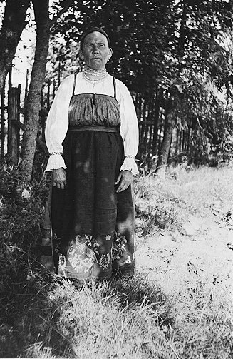 Runonlaulaja arkipuvussaan, 1938. Kuvaaja Lauri Laiho. Suomalais-ugrilainen kuvakokoelma, Museovirasto. Kuvan alkuperäiset tiedot: Runonlaulaja Darja Lehti (Looginov), "Mykän nainen", entisaikaisessa arkipuvussaan. Darja (Tarja) Lehti, o.s. Marsitsov, on vatjalainen ja kotoisin Joenperästä. Hän edustaa Soikkolan laulutapaa.