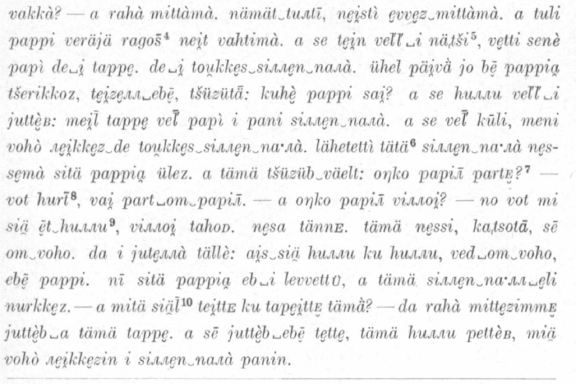 Kuvakaappaus Lauri Kettusen ja Lauri Postin teoksesta Näytteitä vatjan kielestä (1932) s. 33