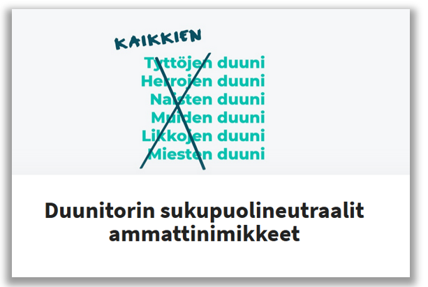 Duunitori on julkaissut listan sukupuolineutraaleista ammattinimikkeistä. Kuvakaappaus Duunitori.fi-sivustolta.