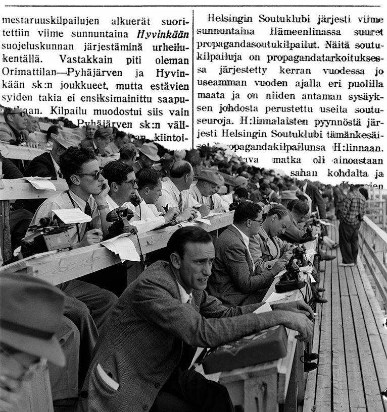 Kieli pelittämään. Kuva: Helsingin olympialaiset 1952. Lehtimiehiä Meilahden souturadan katsomossa. Volker von Bonin. Helsingin kaupunginmuseo. Lehtileike: Riihimäen Sanomat 3.8.1926 (numero 84). Kansalliskirjaston digitaaliset aineistot.