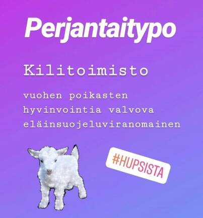 Perjantaitypo: Kilitoimisto. Vuohen poikasten hyvinvointia valvova eläinsuojeluviranomainen.