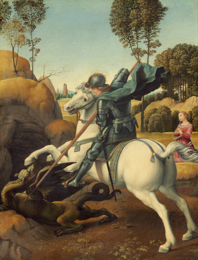 Rafaelin maalaus Pyhästä Yrjöstä ja lohikäärmeestä n. vuodelta 1506. National Gallery of Art. Kuva: Wikimedia Commons. CC0