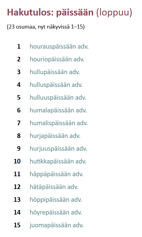 Suomen murteiden sanakirjan päissään-sanoja. Kuvankaappaus.