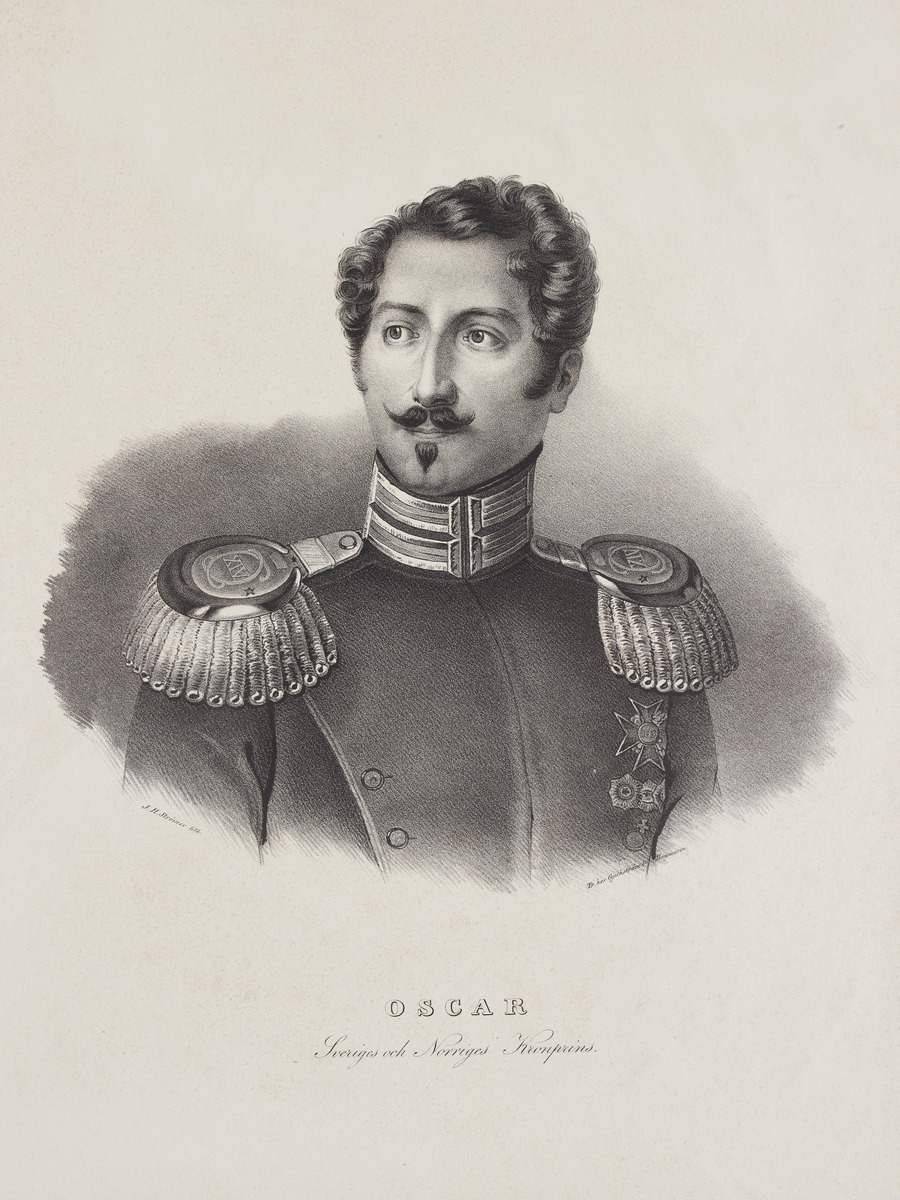 Ruotsin kruununprinssi Oskar, myöhempi kuningas Oskar I. 1830-luvun kivipiirros. Kaivertaja Johan Strömer. Museovirasto. Historian kuvakokoelma. CC BY 4.0.