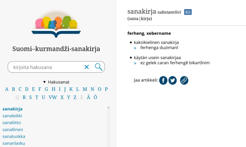 Sanakirja-artikkeli Suomi–kurmandži-sanakirjassa. Ruutukaappaus.