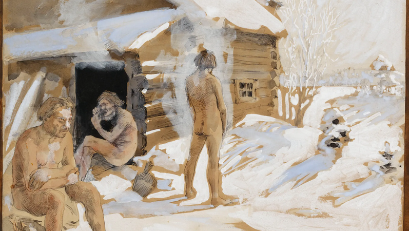 Akseli Gallen-Kallela: Saunan ulkopuolella. 1891. 28,5 x 34,5 cm. Guassi, tussi. Antellin kokoelmat. Kansallisgalleria. Kuva: Kansallisgalleria.