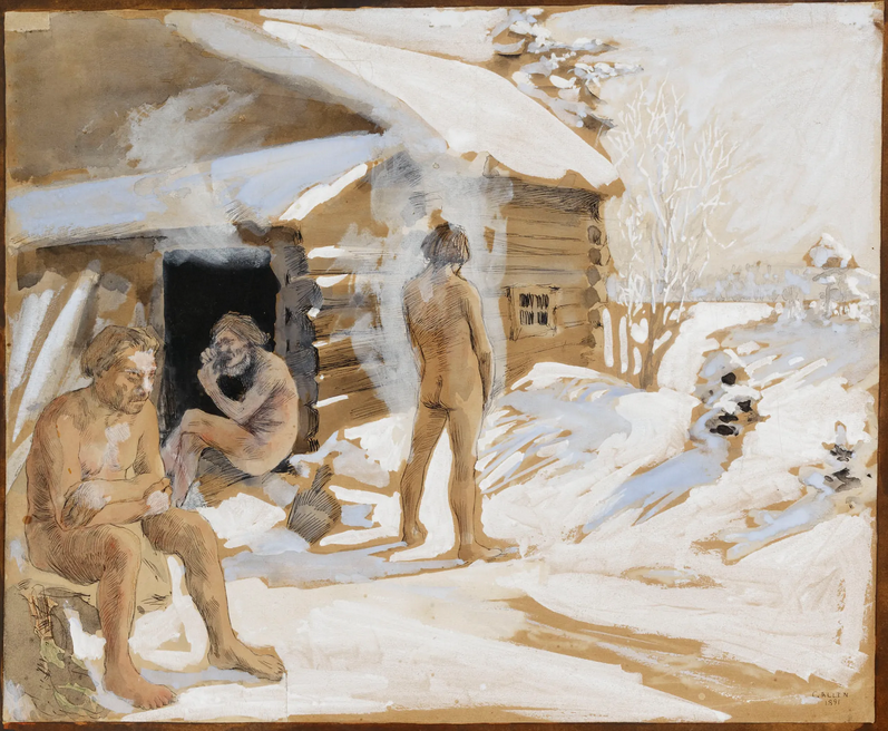 Akseli Gallen-Kallela: Saunan ulkopuolella. 1891. 28,5 x 34,5 cm. Guassi, tussi. Antellin kokoelmat. Kansallisgalleria. Kuva: Kansallisgalleria.