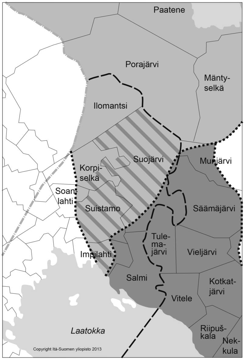 Raja-Karjala siirtymäalueena. Kartta on laadittu Itä-Suomen yliopiston FINKA-tutkimushankkeessa.