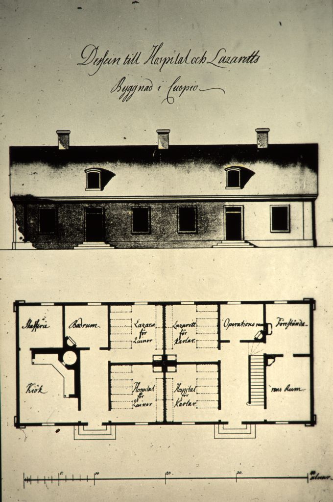 Kuopion hospitaalin ja lasaretin rakennuspiirustukset. Kuva: Aalto-yliopiston arkisto. Arkkitehtuurin laitoksen opetusdiakokoelma, Teknillinen korkeakoulu. CC BY 4.0.