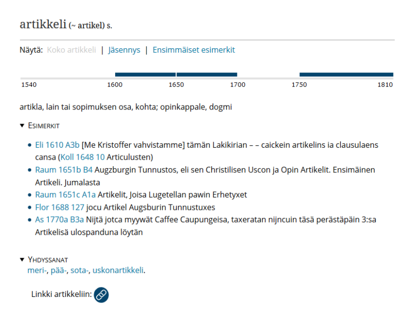 Kuvakaappaus Vanhan kirjasuomen sanakirjan artikkeli-artikkelista.