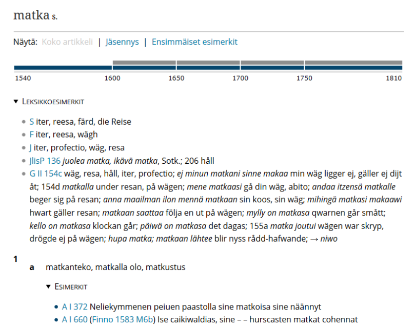 Kuvakaappaus matka-artikkelin alusta. Vanhan kirjasuomen sanakirja.