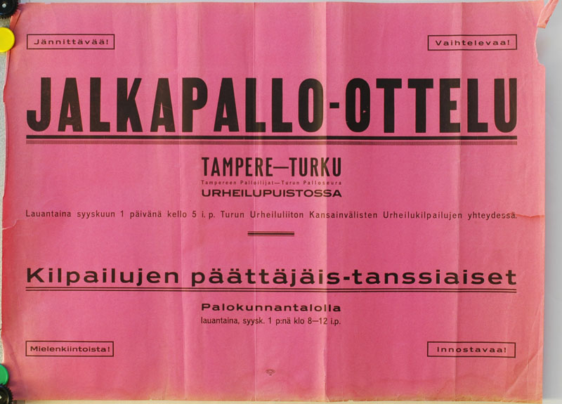 Juliste jalkapallo-ottelusta Tampereen Palloilijat vastaan Turun Palloseura. 1928. Painopaikka: Polytpos, Turku. Kuva: Urheilumuseo. CC BY 4.0.