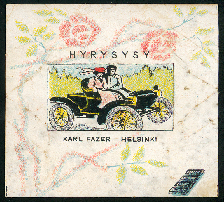 Hyrysysy-karamellipaperi. Valmistaja Karl Fazer, n. 1900. Kuva: Helsingin kaupunginmuseo. CC BY 4.0.