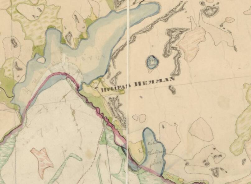 Juupajoen Hulippaan seutua 1800-luvun pitäjänkartassa. Alkuperäiset kartat: Maanmittaushallituksen historiallinen kartta-arkisto (kokoelma). Ia.* Pitäjänkartasto. 2231 07 Ia.* -/- - ja 2231 10 Ia.* -/- -. Juupajoki. Kansallisarkisto. Viitattu 22.4.2025. Kuvanmuokkaus: Helinä Uusitalo, Kotus.