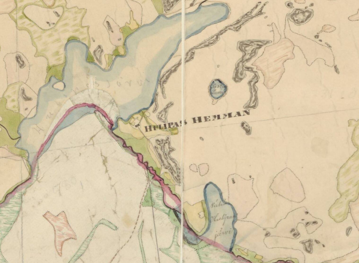 Juupajoen Hulippaan seutua 1800-luvun pitäjänkartassa. Alkuperäiset kartat: Maanmittaushallituksen historiallinen kartta-arkisto (kokoelma). Ia.* Pitäjänkartasto. 2231 07 Ia.* -/- - ja 2231 10 Ia.* -/- -. Juupajoki. Kansallisarkisto. Viitattu 22.4.2025. Kuvanmuokkaus: Helinä Uusitalo, Kotus.