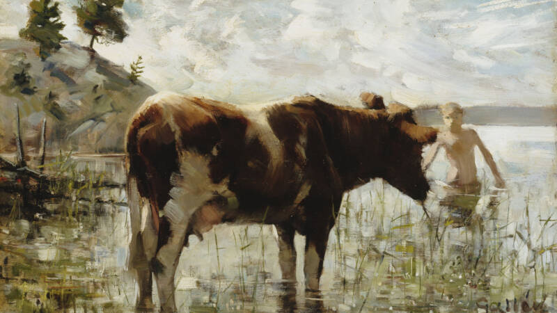 Lehmä ja poika. Akseli Gallen-Kallela, 1885. 25,5 × 40 cm, öljy puulle. Kuva: Museovirasto. Tekijänoikeusvapaa.