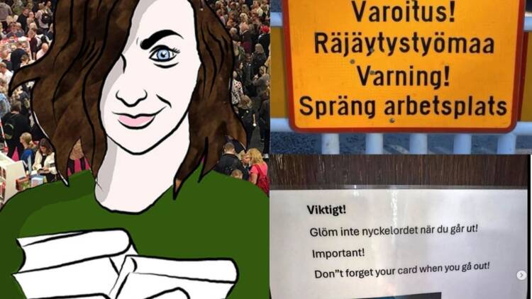 Karikatyr av person samt två skyltar