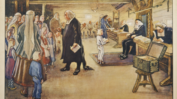 Suomen historiallinen kuvasto -sarjan opetustaulu "Piispa Gezeliuksen kinkerit". Iso tupa, jossa pappi pitää kinkereitä. Piispa istuu kunniapaikalla taaempana.